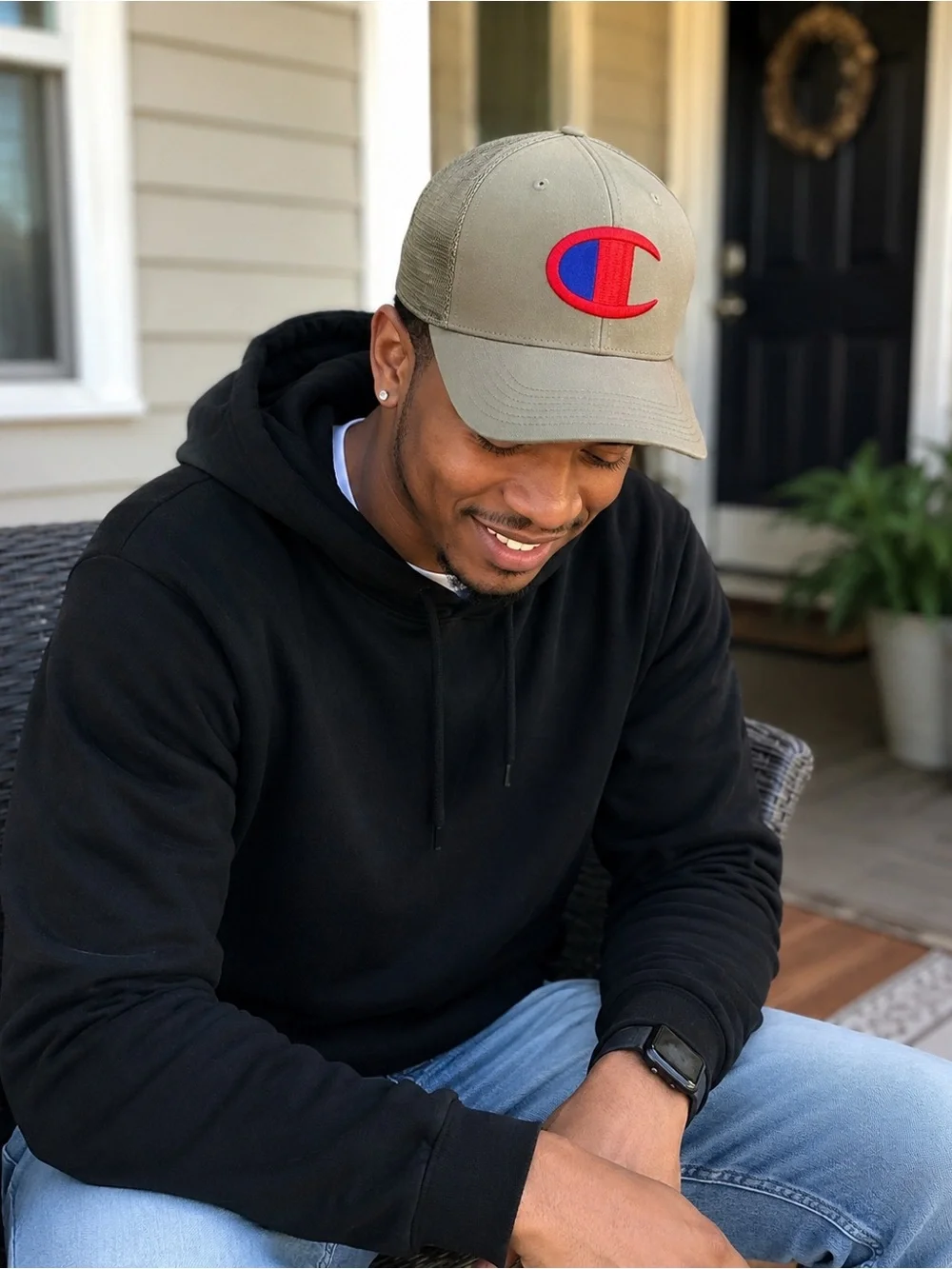 Champion Olive Trucker Hat with Red & Blue C Logo